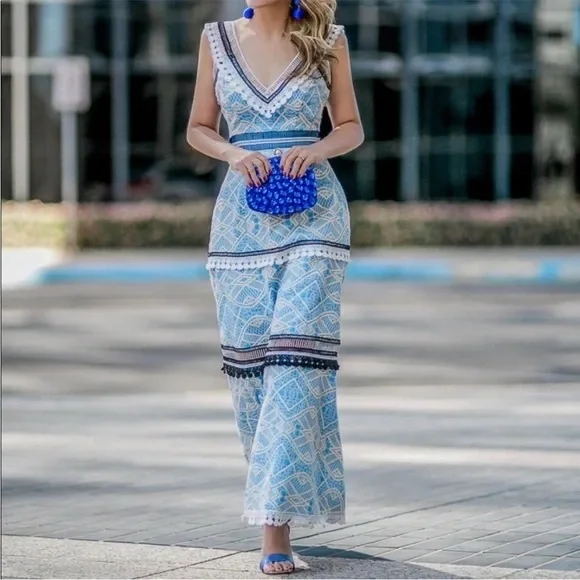 GIANNI BINI Mona Tiered Crochet Lace Blue & White Midi Dress - Picture 2 of 15